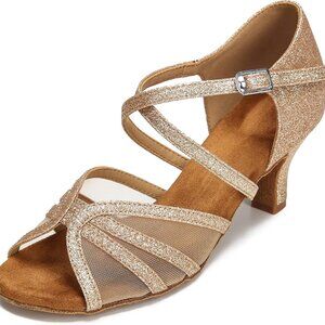 Women’s Latin Ballroom Dance Shoes Satin Glitter Gold 2.5-3 Inch Heels